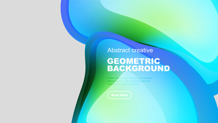 Wall Mural - Abstract fluid shapes blend vibrant colors. Geometric design creates modern background with text, button. Minimalist aesthetic.