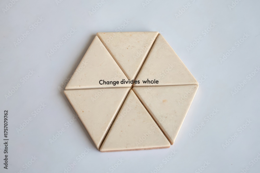 Flat lay of a hexagon made from six triangles with Change divides whole ...