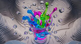 Dynamic splash of vibrant multi-colored liquid from a glass with rising water bubbles on an abstract textured background.