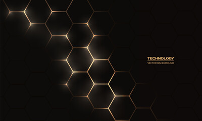 Wall Mural - Black and gold hexagonal technology abstract background with honeycombs. Vector illustration