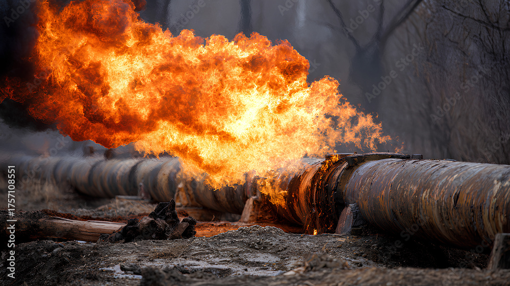 Explostoin Gas leak. A spark and a fire, an explosion on a gas pipeline. Stock ...