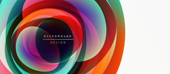 Poster - Abstract colorful layers create dynamic circular design. Gradient hues blend, forming modern background element. Minimalist text present.