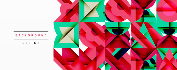 Poster - Abstract geometric shapes create vibrant background. Red, green, pink hues dominate design, offering modern aesthetic.