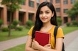 © ps - female college student, female student with books, female college student with backpack, young indian Girl holding a book