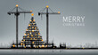© Dirk - crane on construction site stacking concrete blocks, shape of Christmas tree, Christmas theme in construction industry. Christmas tree, decorated with construction lights. Merry Christmas. Poster, ban