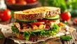 © wistondahlia - Grilled Chicken Sandwich with Fresh Lettuce Tomato and Cucumber on Toasted Bread with Vibrant Ingredients on Wooden Table Top with Natural Lighting Close Up Shot