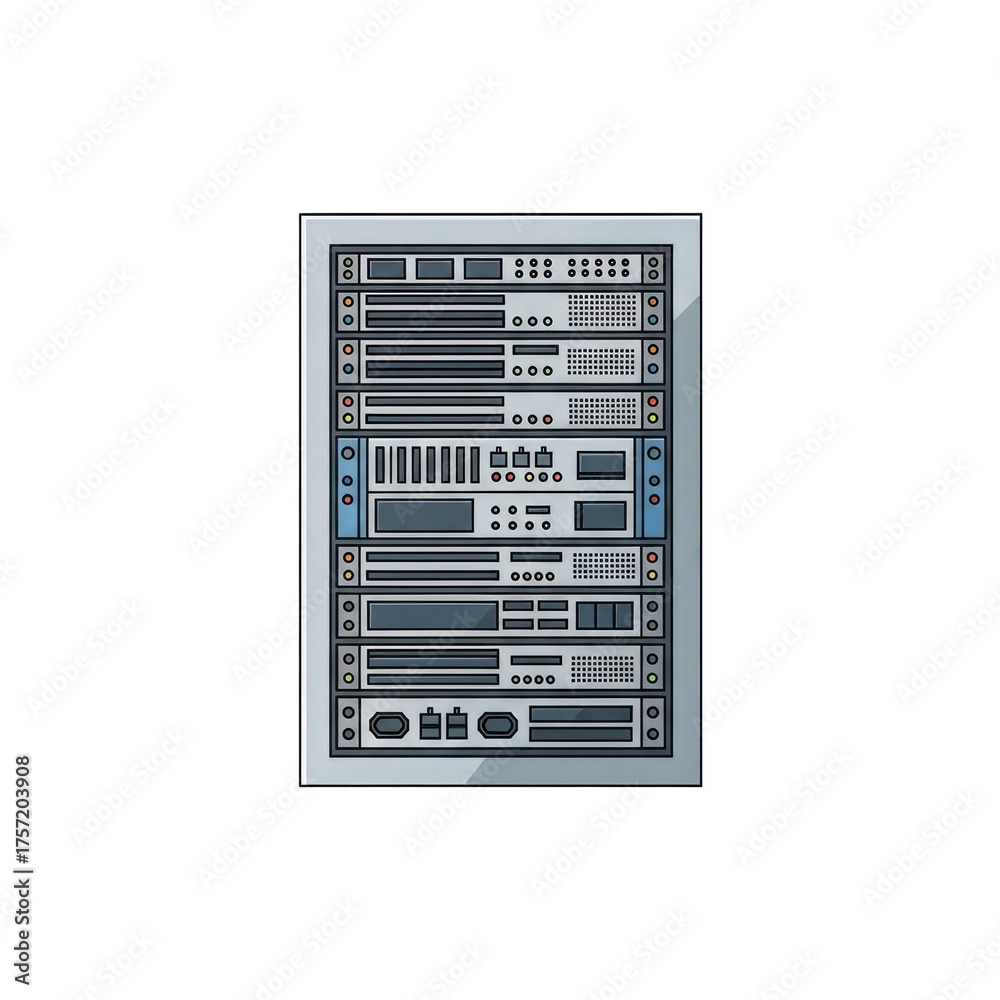Server rack with multiple electronic devices and indicator lights icon ...