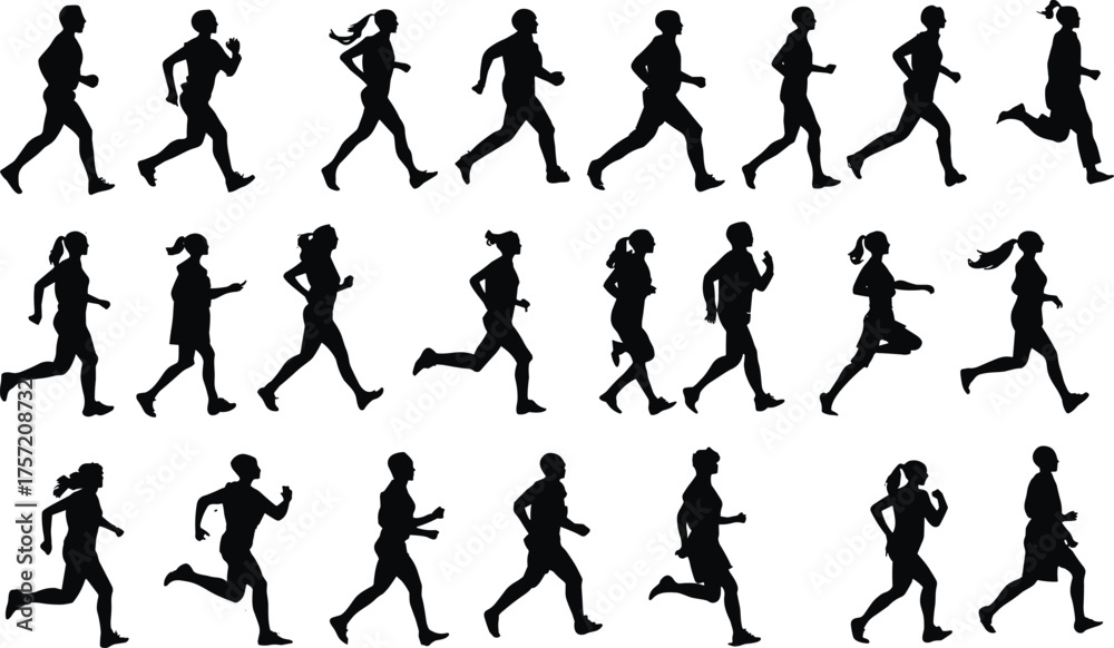 Running silhouettes, jogging figures, sprinting poses, human motion ...