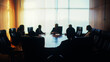 © Dmytriy - Blurred silhouettes of a group of business people sitting around a table in a conference room against a bright window