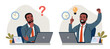 © lyudinka - Young man with beard  before the laptop with question mark in think bubble and  finding new idea. Shiny light bulb. Flat style cartoon vector illustration.