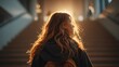 © horizon - Thoughtful and evocative photograph from behind a female student with a backpack, looking up a wide staircase that ascends into a bright light.