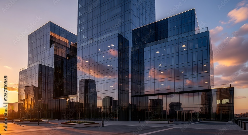 Modern office buildings with glass facades reflecting the sunset sky ...