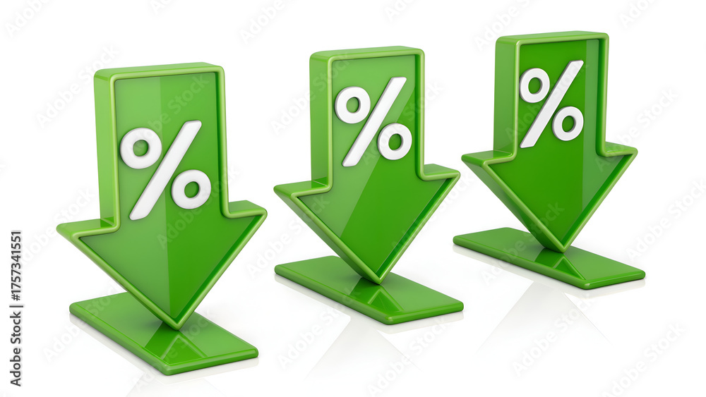 Green percentage symbols pointing down, representing discounts ...