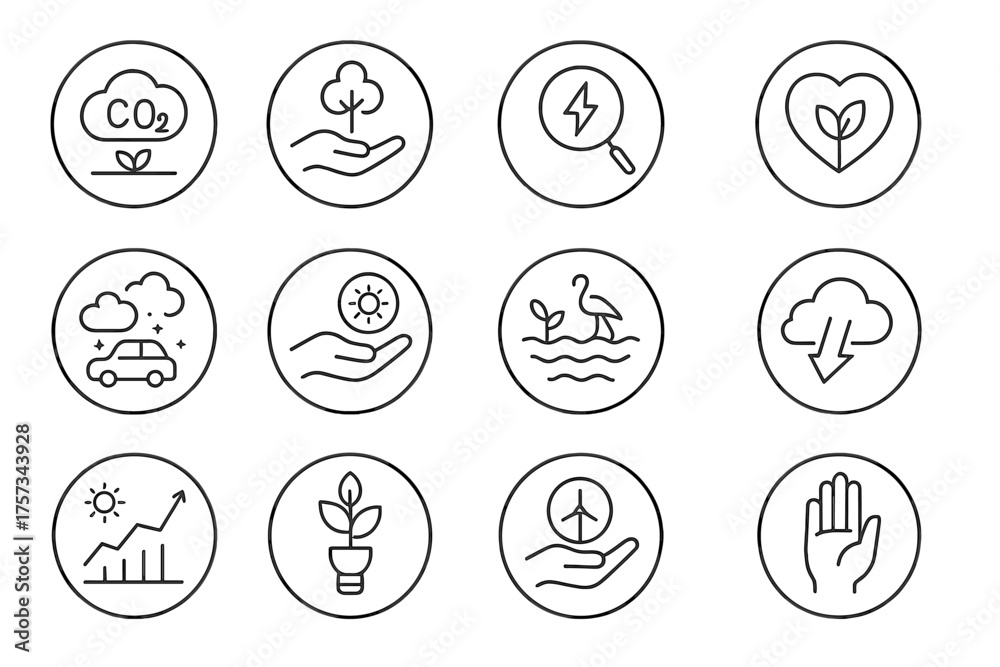Climate Action Icons. Line style round icons of climate action: carbon ...