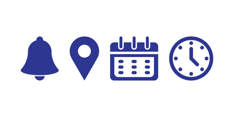 Notification, Location, Calendar, and Clock Icons on White Background – Flat UI Vector Set