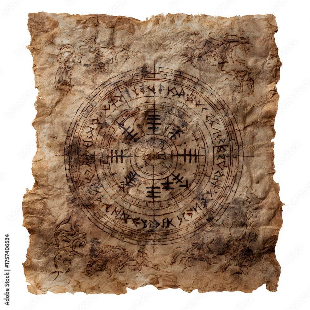 Ancient Map on Parchment: A weathered parchment displays intricate ...