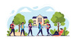 © Amie - Adobe illustrator artwork vector illustration of a lively university campus scene, depicting students engaged in various academic and social activities outdoors
