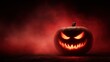 © Shi - Spooky Halloween Pumpkin with Evil Face and Red Smoke Background