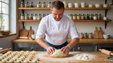 Male chef in white uniform kneading dough on wooden table in cozy kitchen. Fresh dumplings prepared beside him. Homemade cooking process.
