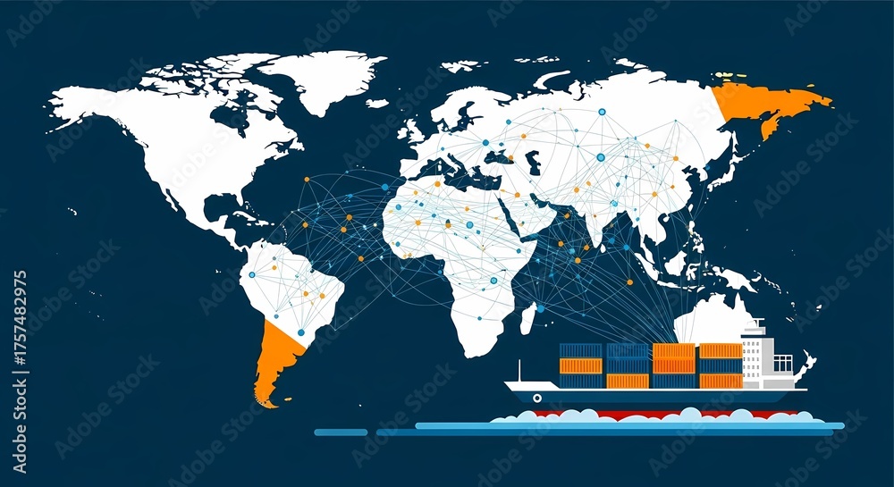 Global shipping illustration with world map and cargo container ship ...
