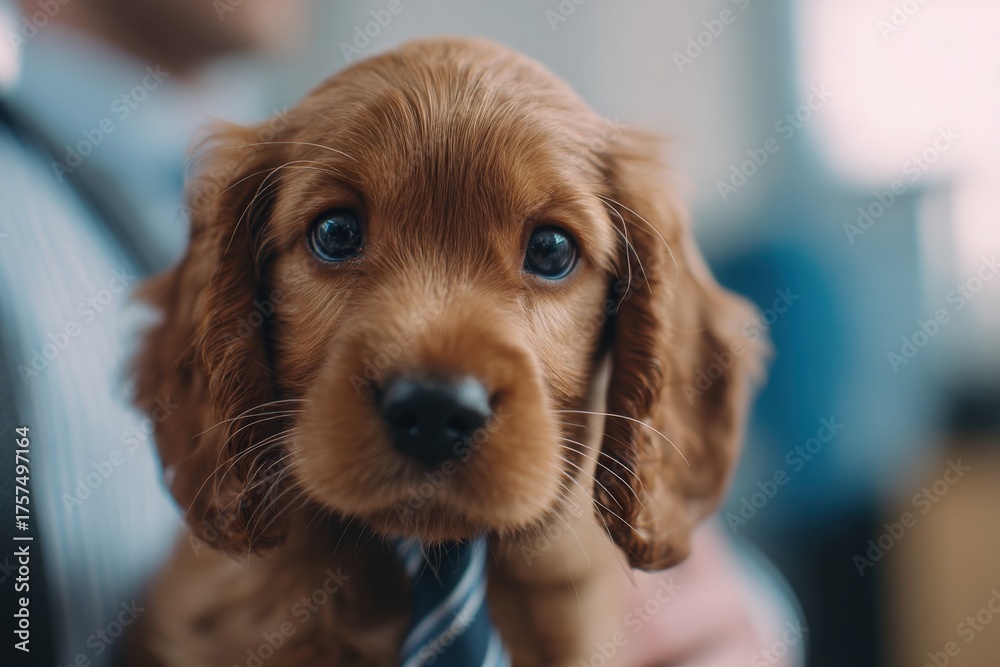A cute golden puppy with big blue eyes is held in an office. The puppy wears a small tie, looking curious and playful. Soft natural light fills the room, making the scene warm and inviting.
