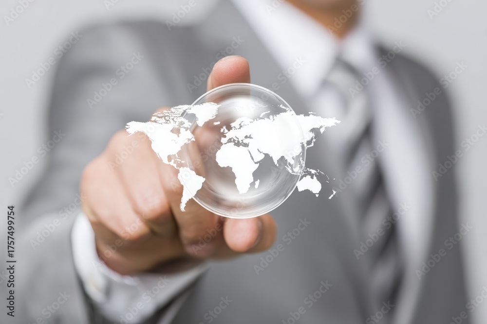 In a modern setting, a businessman points at a transparent globe showing a world map, highlighting connectivity and global strategy. This visual emphasizes international business focus.