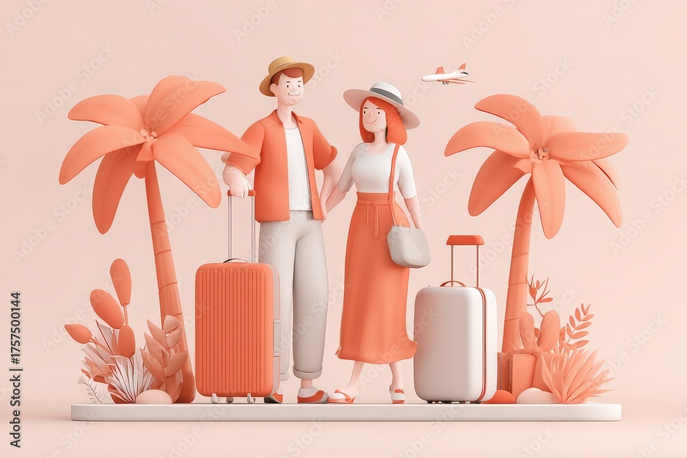 A couple stands together in a light peach scene surrounded by palm trees, holding luggage and smiling. They are dressed in vacation attire, suggesting excitement for a trip.