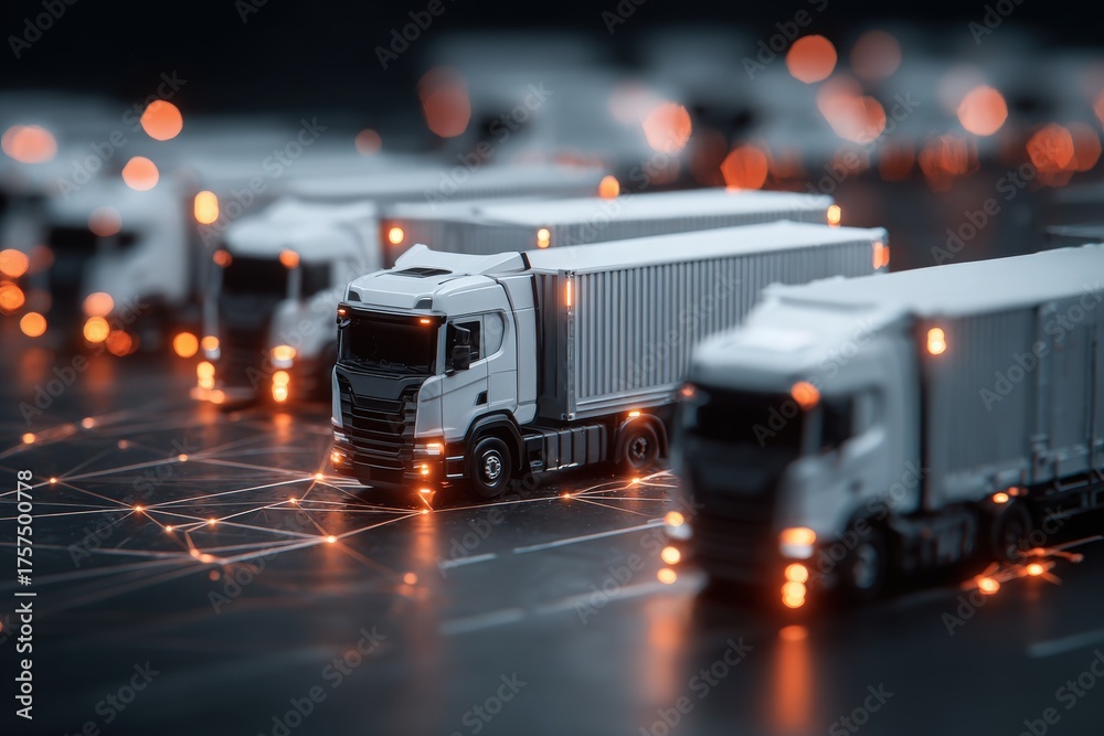 Numerous miniature trucks are lined up on a dark surface, illuminated by soft glowing lights. The scene captures the essence of nighttime logistics, showcasing intricate details of each model.