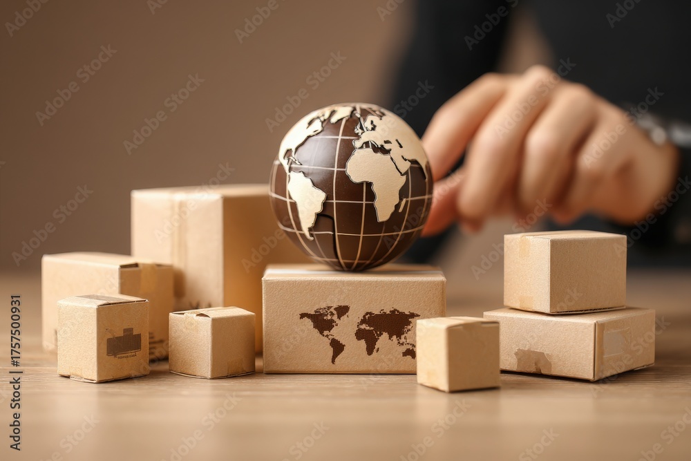 A person places a globe on top of small cardboard boxes arranged on a wooden table. The scene symbolizes international shipping and logistics, emphasizing global trade.