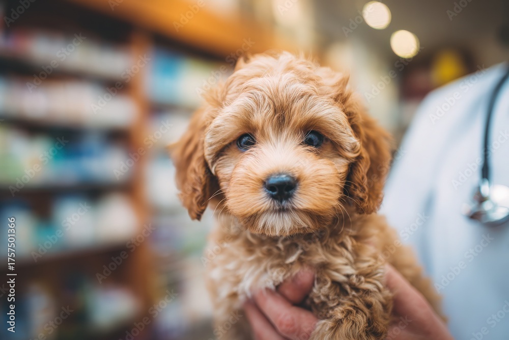A fluffy brown puppy with big eyes is being held by a person in a veterinary clinic. The setting is bright and filled with pet supplies, creating a warm environment for animals.
