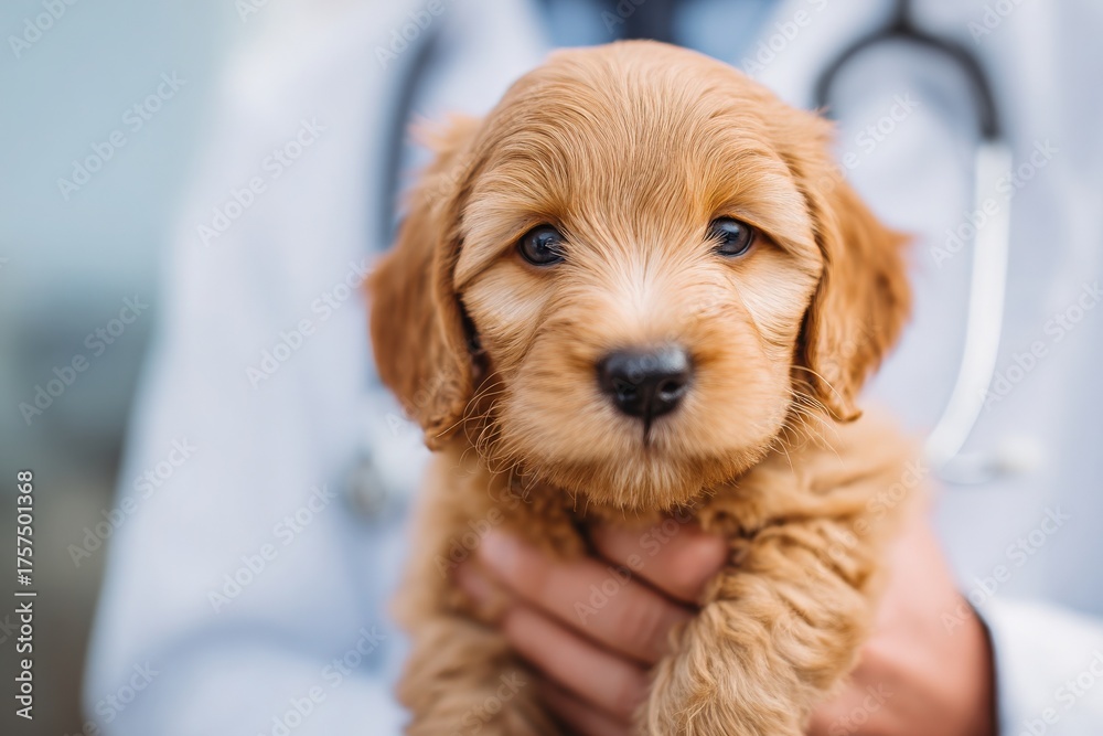 A small, fluffy golden puppy is being tenderly held by a person wearing a white coat, suggesting care and attention. The background hints at a veterinary clinic environment.