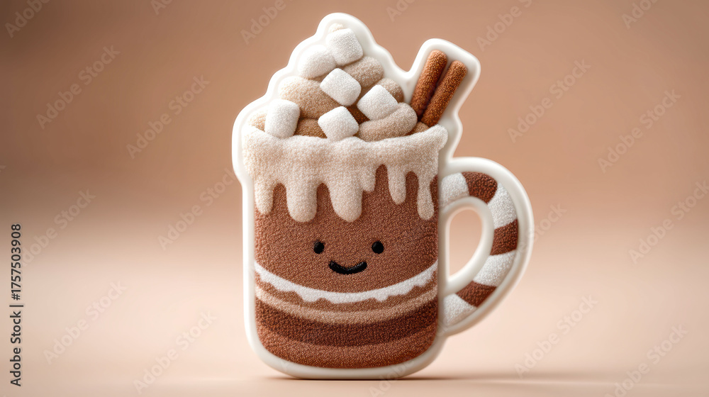 A cute mug with marshmallows and cinnamon sticks on top. The mug is smiling and has a festive, holiday vibe