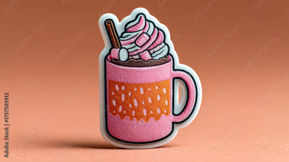 A cute little cup with a straw and whipped cream on top. The cup is pink and has a gold rim