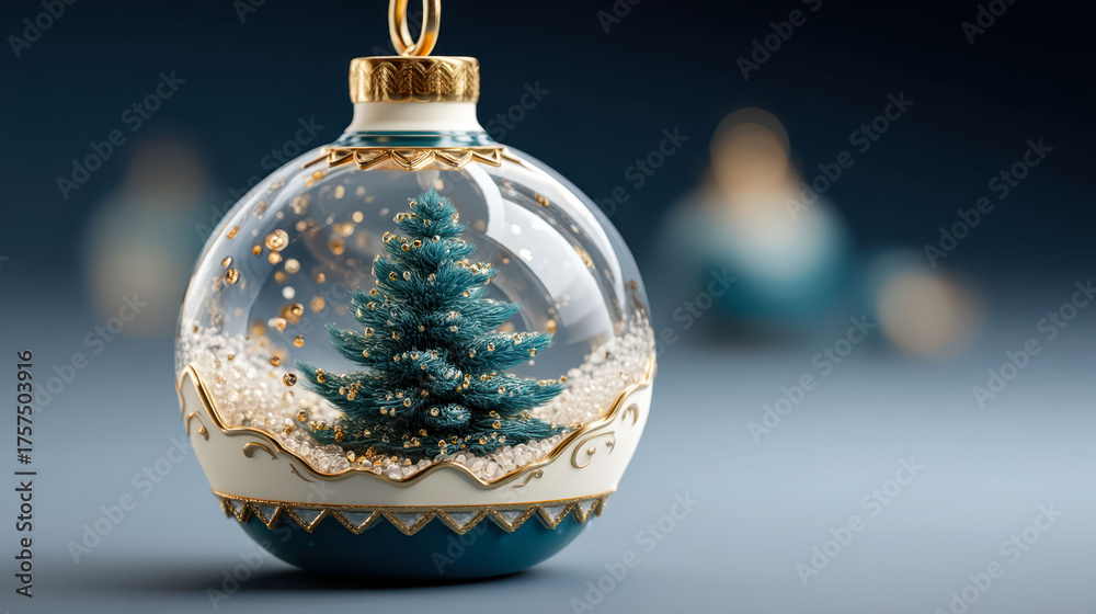 A Christmas tree ornament is displayed in a glass ball. The ornament is blue and white and has a snow-covered tree. The ornament is placed on a table