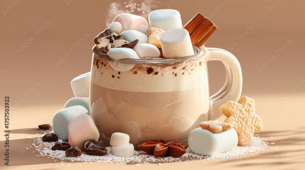 A mug of hot chocolate with marshmallows and a cookie on the side. The image conveys a cozy and comforting atmosphere, perfect for a cold day