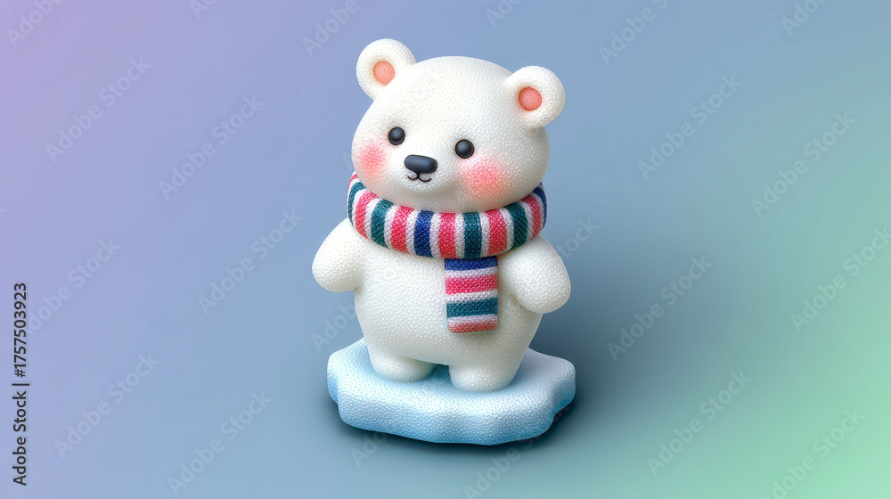 A small white teddy bear with a red, blue and white scarf around its neck. The bear is standing on a piece of ice