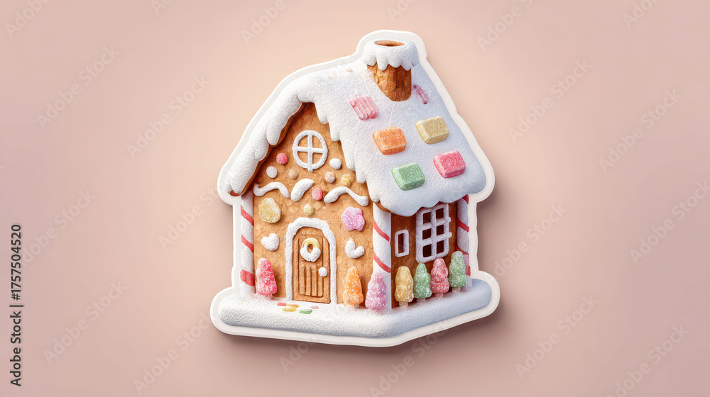 A gingerbread house with a candy roof is decorated with various candies. The candy decorations on the roof give the house a festive and playful appearance