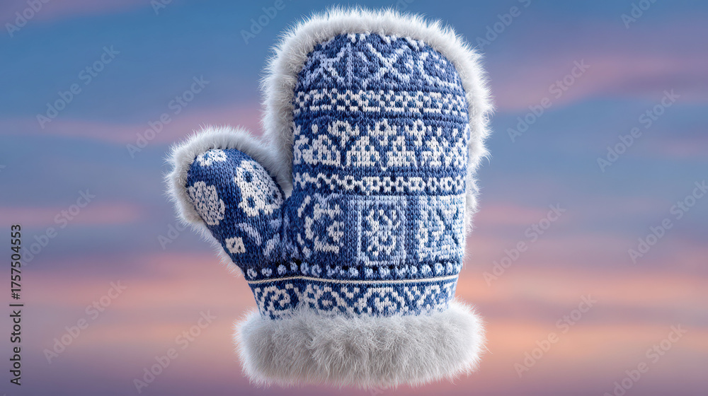 A blue and white knit glove with a fuzzy texture. The glove is sitting on a blue background with a cloudy sky