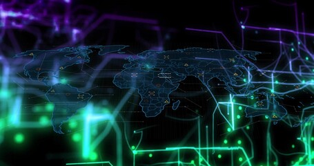 Wall Mural - Displaying digital world map floating in virtual interface, with glowing nodes and circuit lines