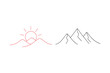 © RF1999 - Minimalist line art drawing of a sunrise over mountains and a separate mountain range isolated on white background