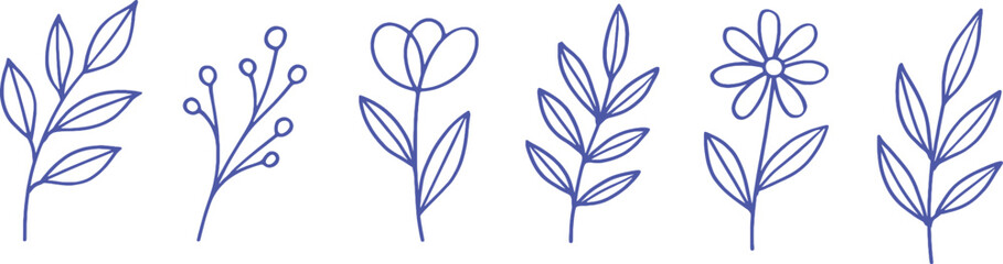Blue line art floral elements on white background flower leaf