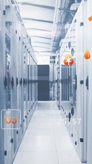 Wall Mural - Animation of multiple icons over circuit board pattern on server racks in server room