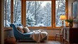 © Chaithat - Cozy winter retreat blue chair snowy landscape living room warm atmosphere inviting view tranquil concept