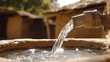 © photo for everything - Water flows from a rustic pipe into a stone basin, reflecting sunlight. The water is life, providing a fresh source for a community living in traditional structures.