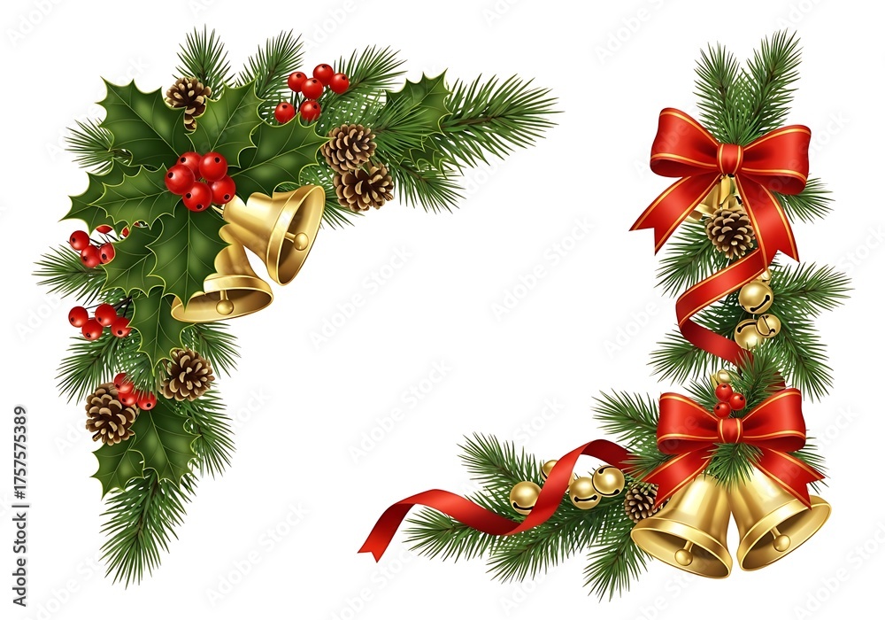 Christmas Corner Decorations with Holly Bells and Pine Cones ilex Stock ...