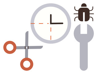 Scissors, clock, wrench, and bug conveying debugging, system repair, time optimization. Ideal for technology, maintenance, troubleshooting coding project management engineering simple flat