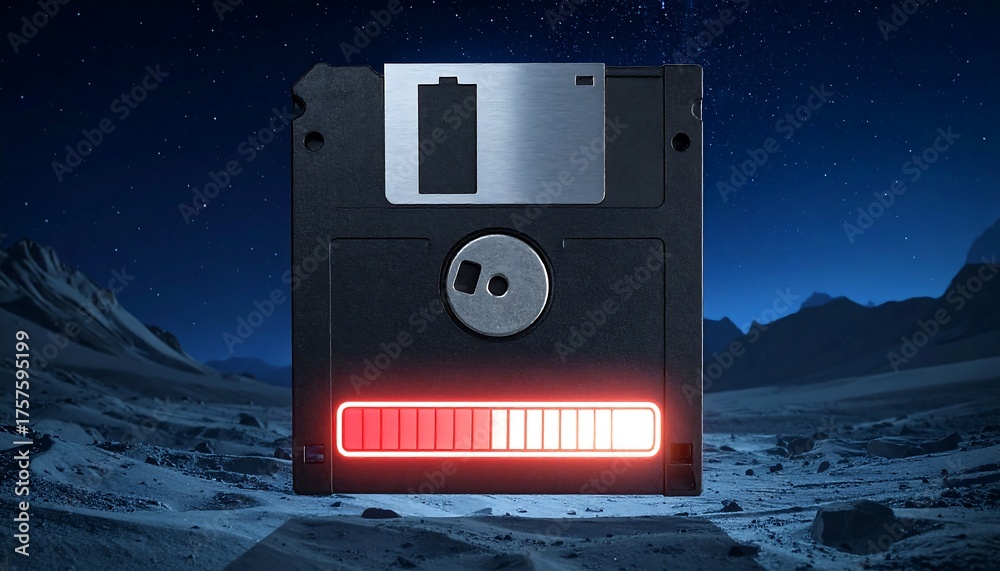 Illuminated floppy disk with loading bar on a desolate, moon-like ...