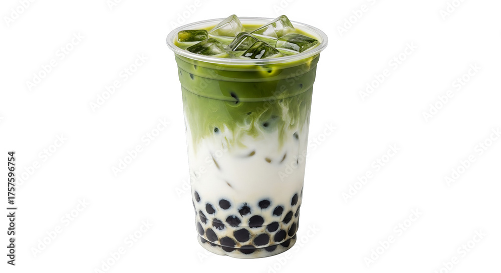 Iced matcha latte with boba pearls in a clear plastic cup Stock Photo ...