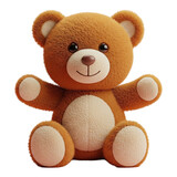 Cute 3D render of a fluffy brown teddy bear sitting with open arms. Adorable soft toy illustration isolated on transparent background. Concept of childhood, comfort, and friendship.