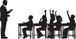 © PixelSaga MH2  - Silhouette of a teacher pointing and students raising hands in a classroom school education on transparent background